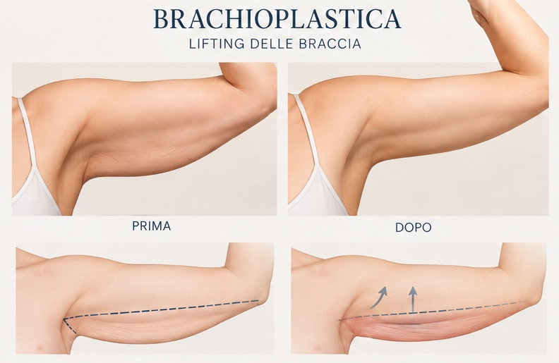 Illustrazione esplicativa: brachioplastica (lifting delle braccia). Disegno schematico, non fotografia di un paziente.