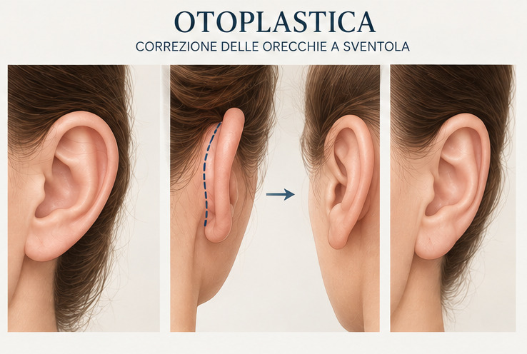 Illustrazione esplicativa: otoplastica (correzione delle orecchie a sventola). Disegno schematico, non fotografia di un paziente.