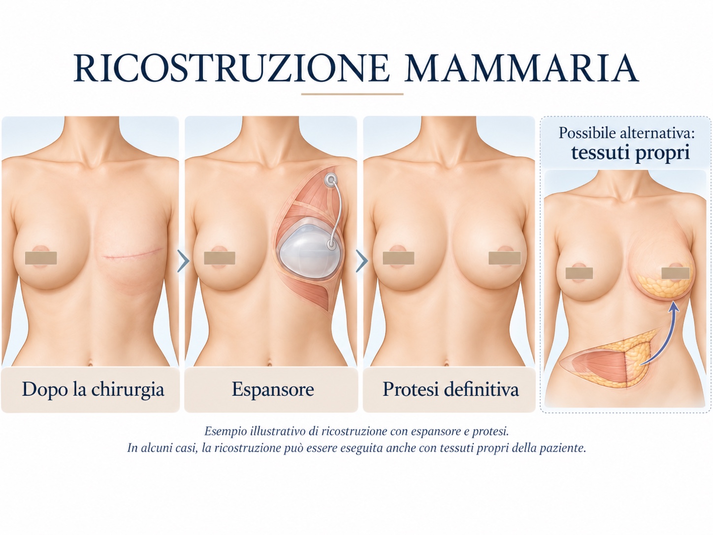 Illustrazione esplicativa: ricostruzione mammaria con espansore e protesi e possibile alternativa con tessuti propri. Disegno schematico, non fotografia di un paziente.