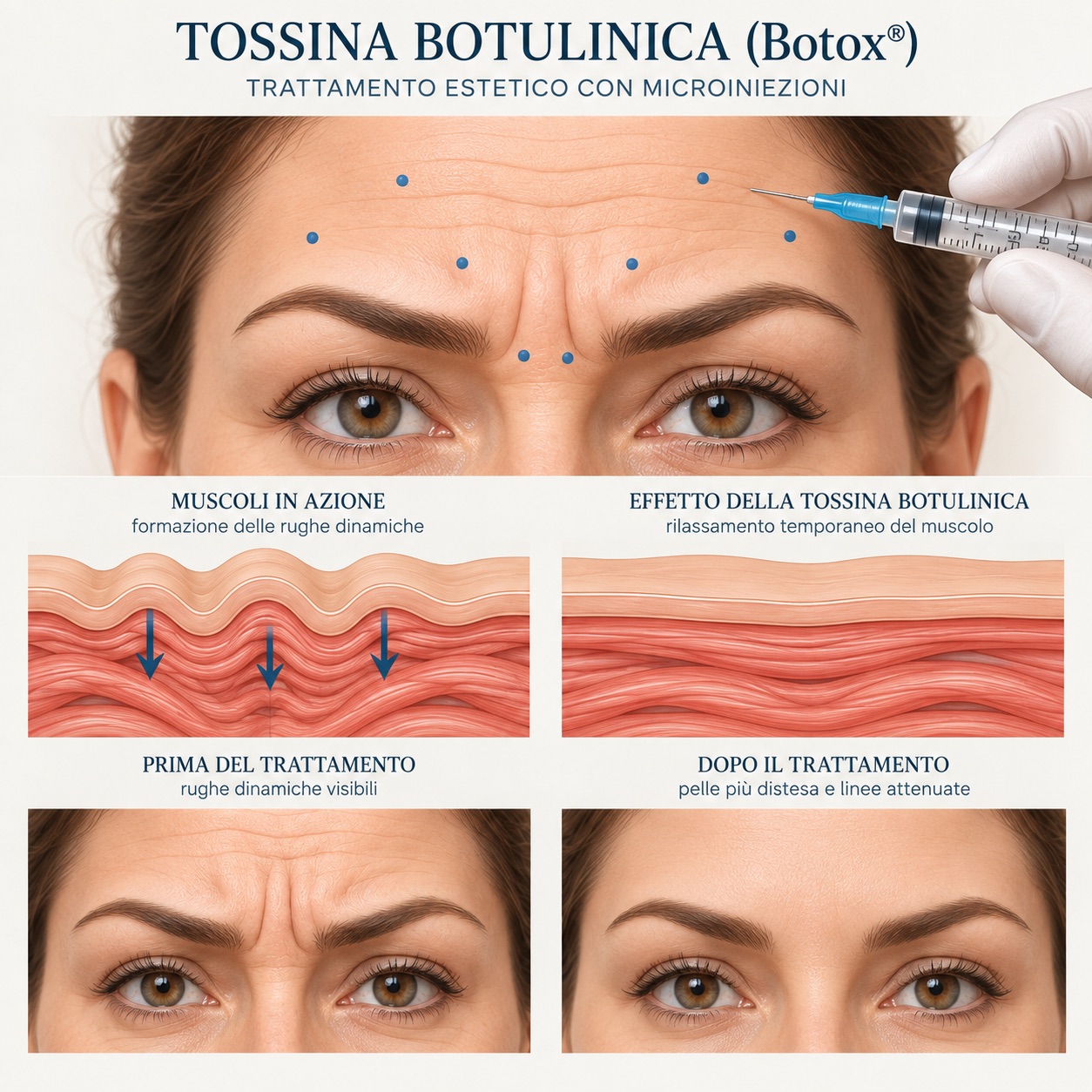 Illustrazione esplicativa: come agisce la tossina botulinica (Botox®). Disegno schematico, non fotografia di un paziente.